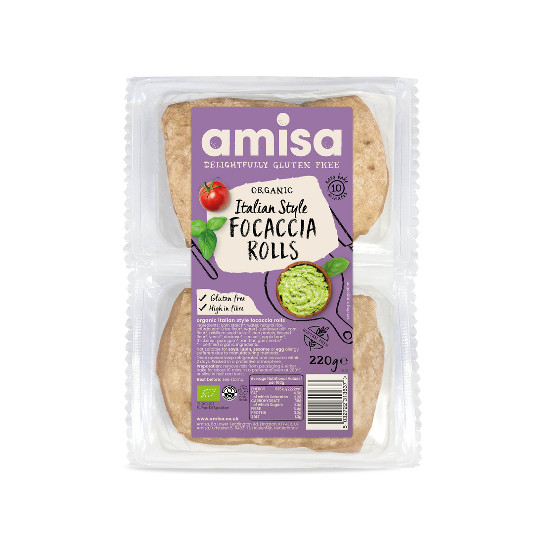 Amisa Organic Gluten Free Italian Style Focaccia Rolls - Case of 6 x Pack of 4